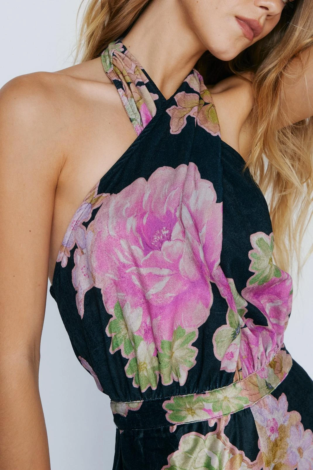 Velvet Floral Cross Halter Wide Leg Jumpsuit - Image 2