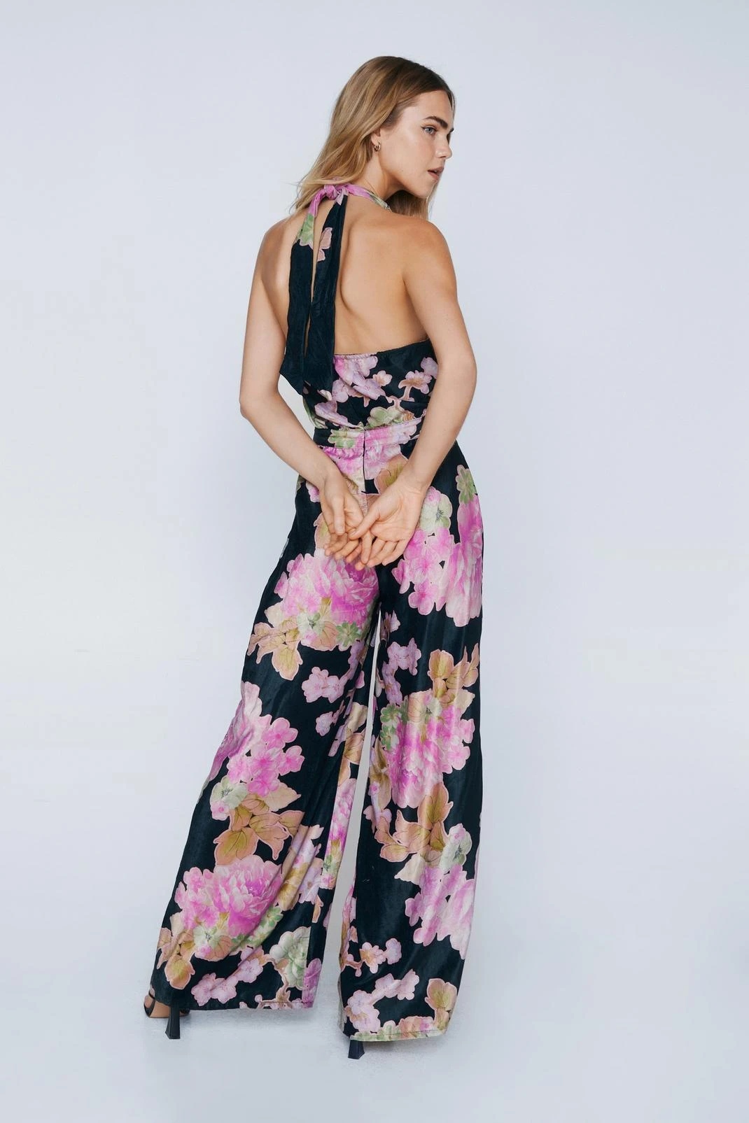 Velvet Floral Cross Halter Wide Leg Jumpsuit - Image 3