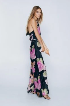 Velvet Floral Cross Halter Wide Leg Jumpsuit