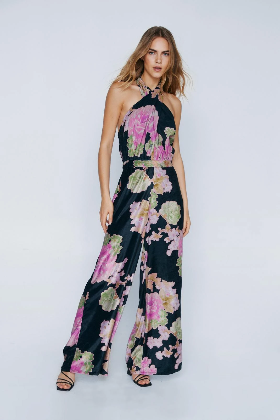 Velvet Floral Cross Halter Wide Leg Jumpsuit - Image 4