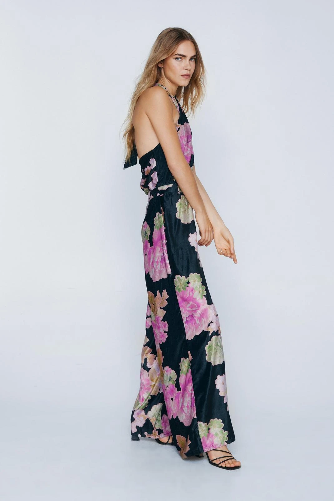Velvet Floral Cross Halter Wide Leg Jumpsuit