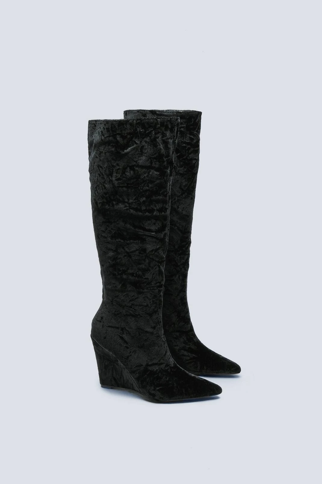 Velvet Pointed Toe Wedge Knee High Boot - Image 3