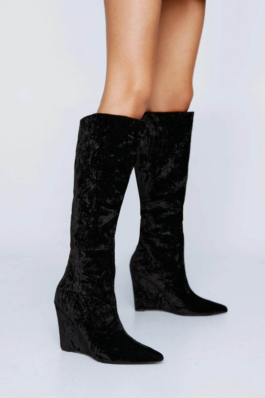 Velvet Pointed Toe Wedge Knee High Boot - Image 4