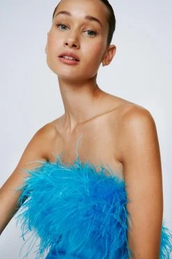 Feather Trim Bandeau Mini Dress