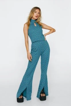 Geo Jacquard Split Hem Flared Pants
