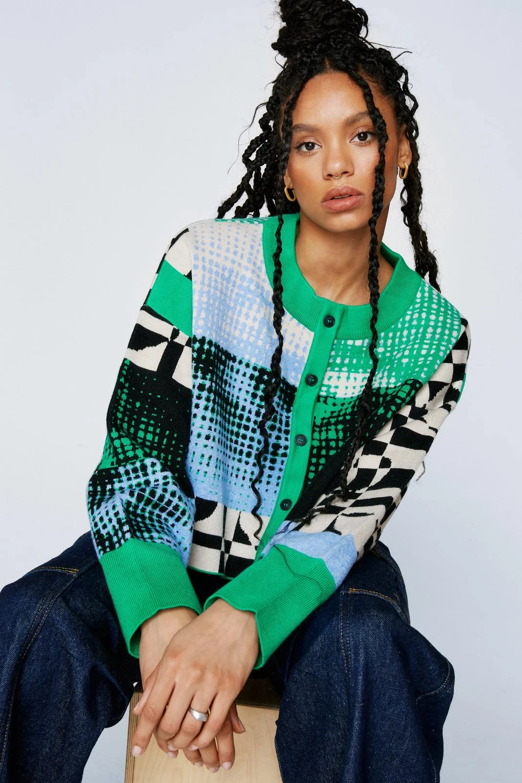 Graphic Checked Knitted Cardigan - Image 2