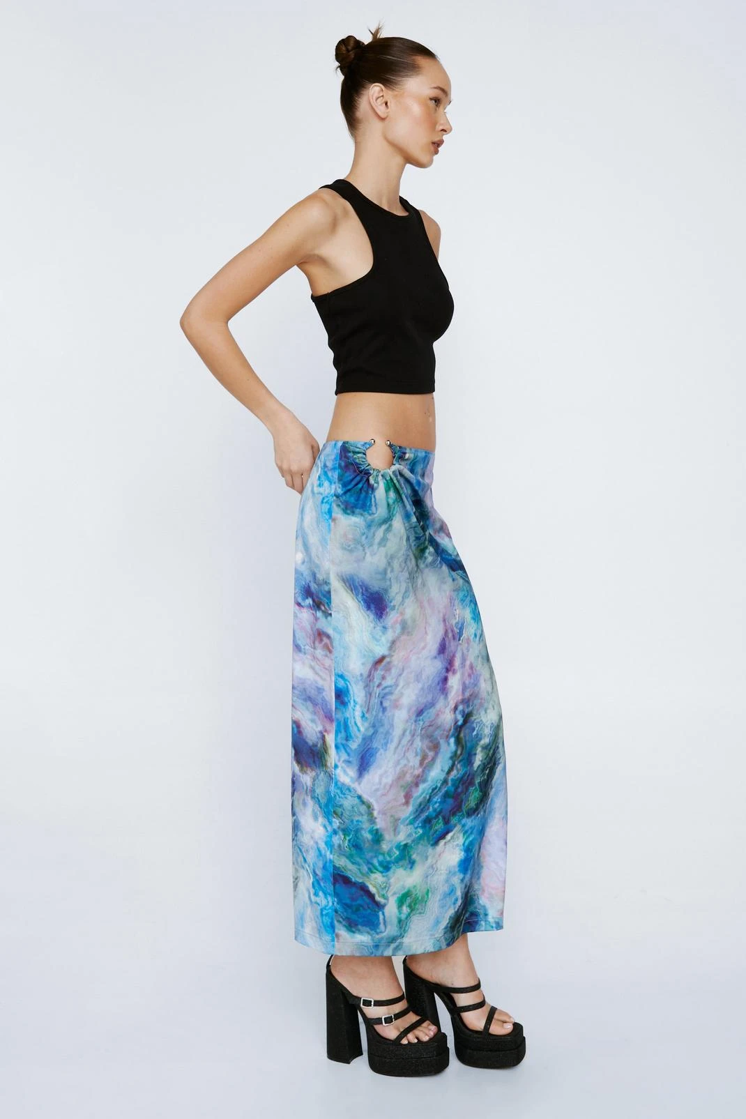 Petite O Ring Marble Printed Split Midi Skirt - Image 4