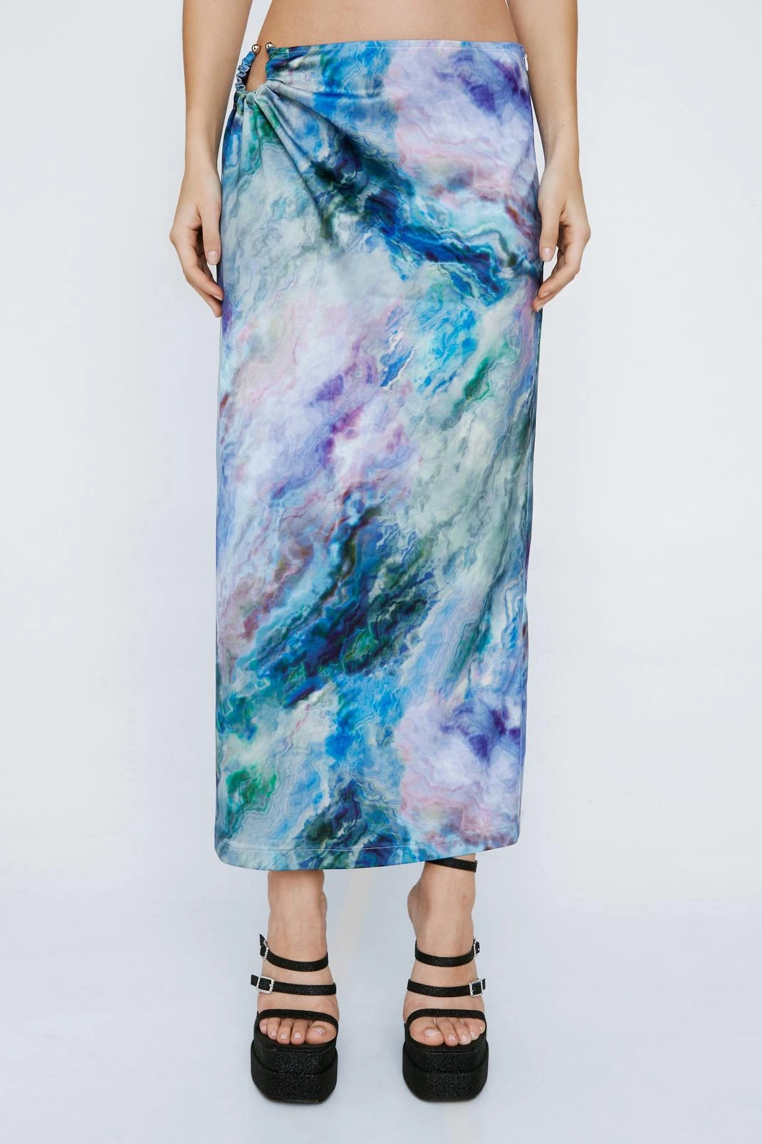 Petite O Ring Marble Printed Split Midi Skirt