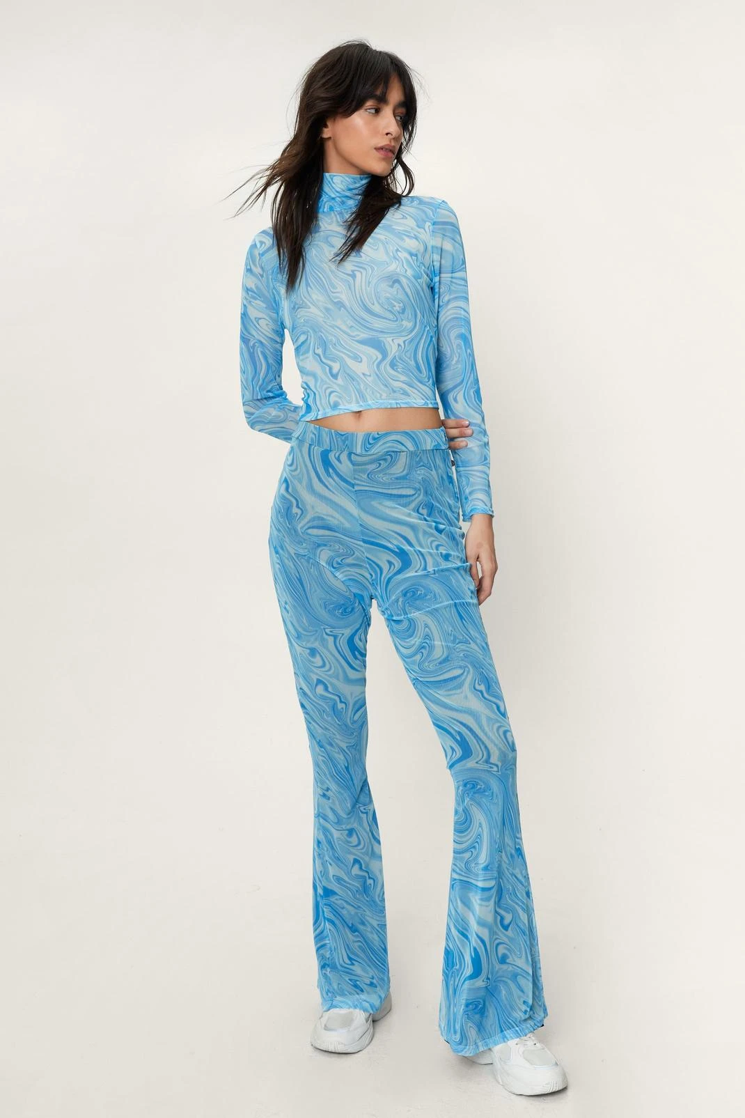 Swirling Marble Print Mesh Cropped Top - Image 2