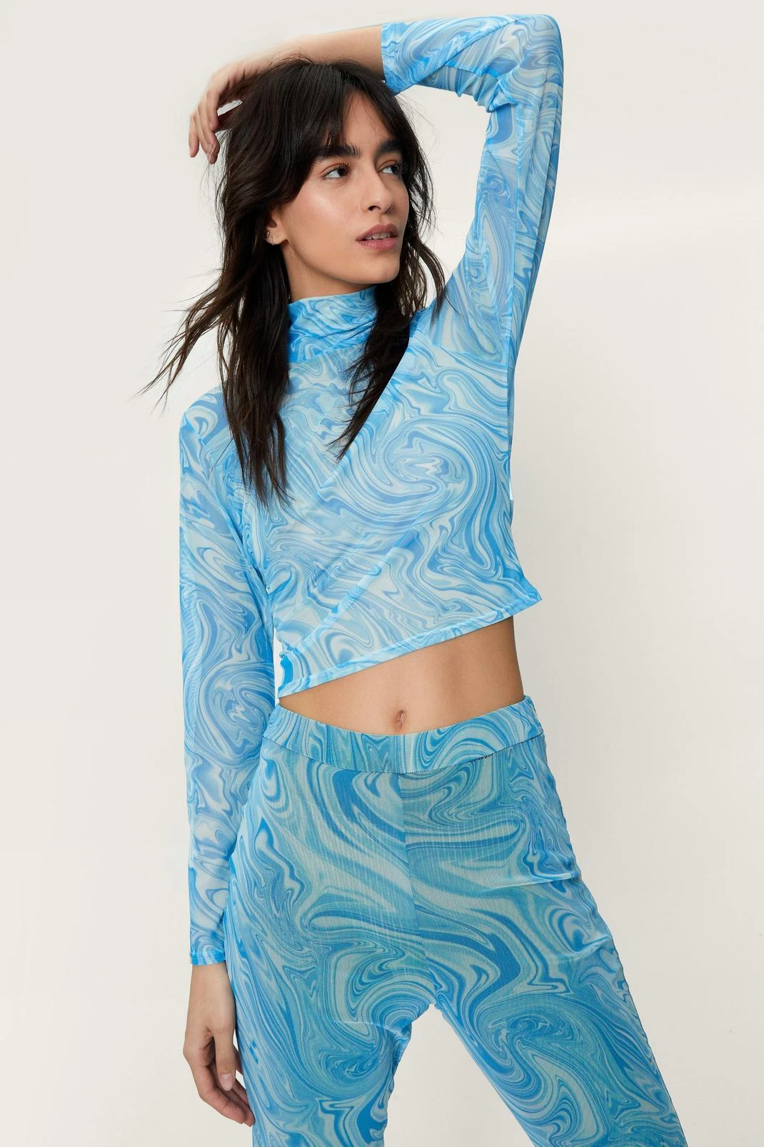 Swirling Marble Print Mesh Cropped Top - Image 4