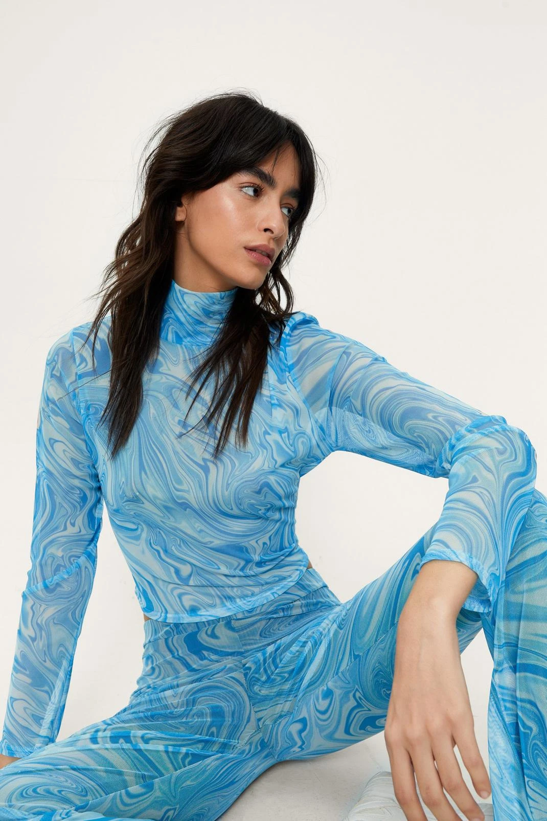 Swirling Marble Print Mesh Cropped Top