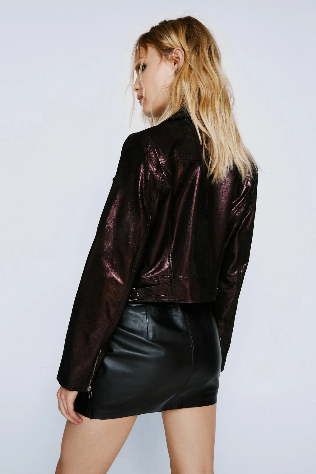 Metallic Foil Real Leather Jacket - Image 3