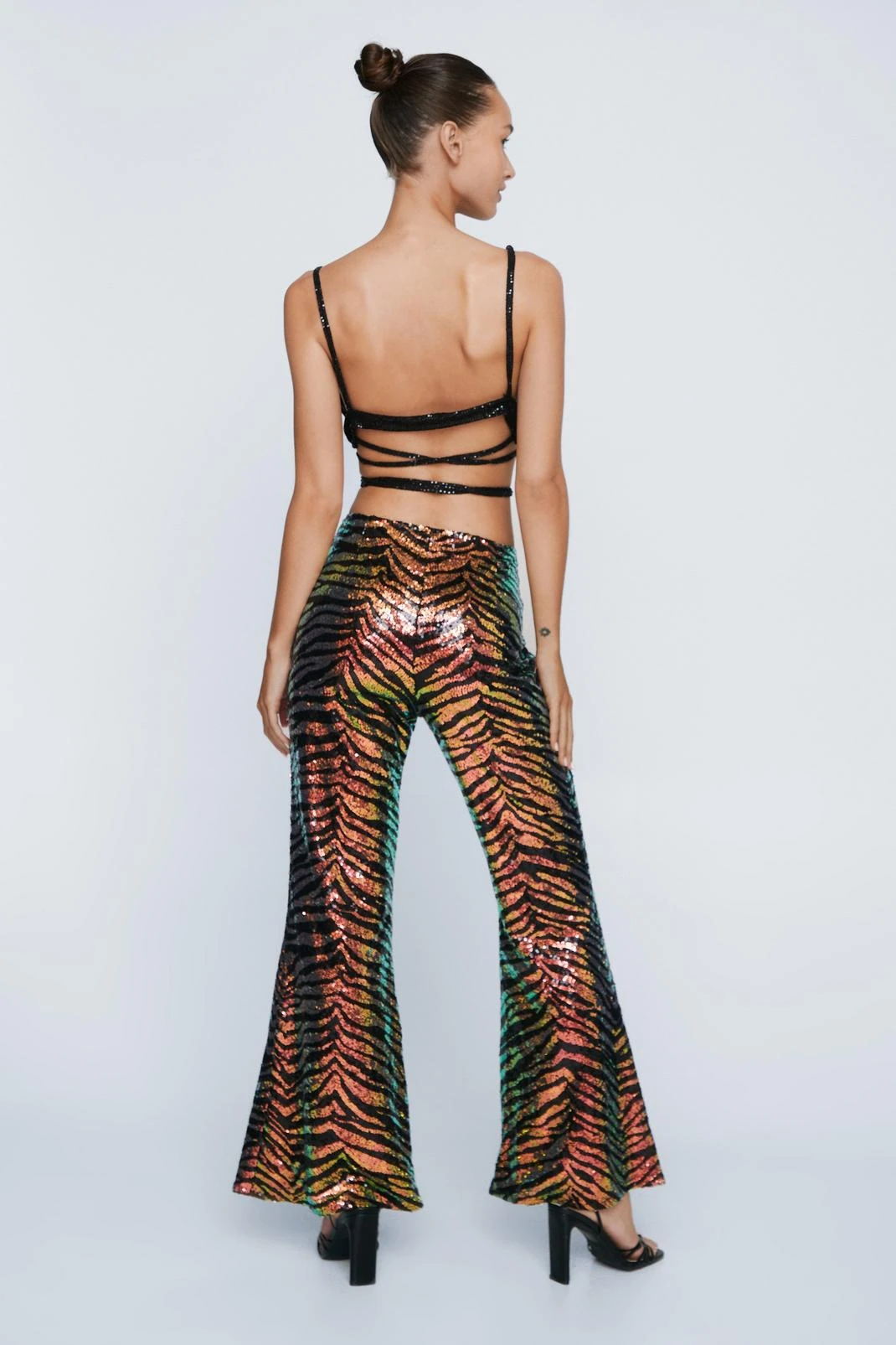 Petite Sequin Animal Print Kick Flared Pants - Image 3
