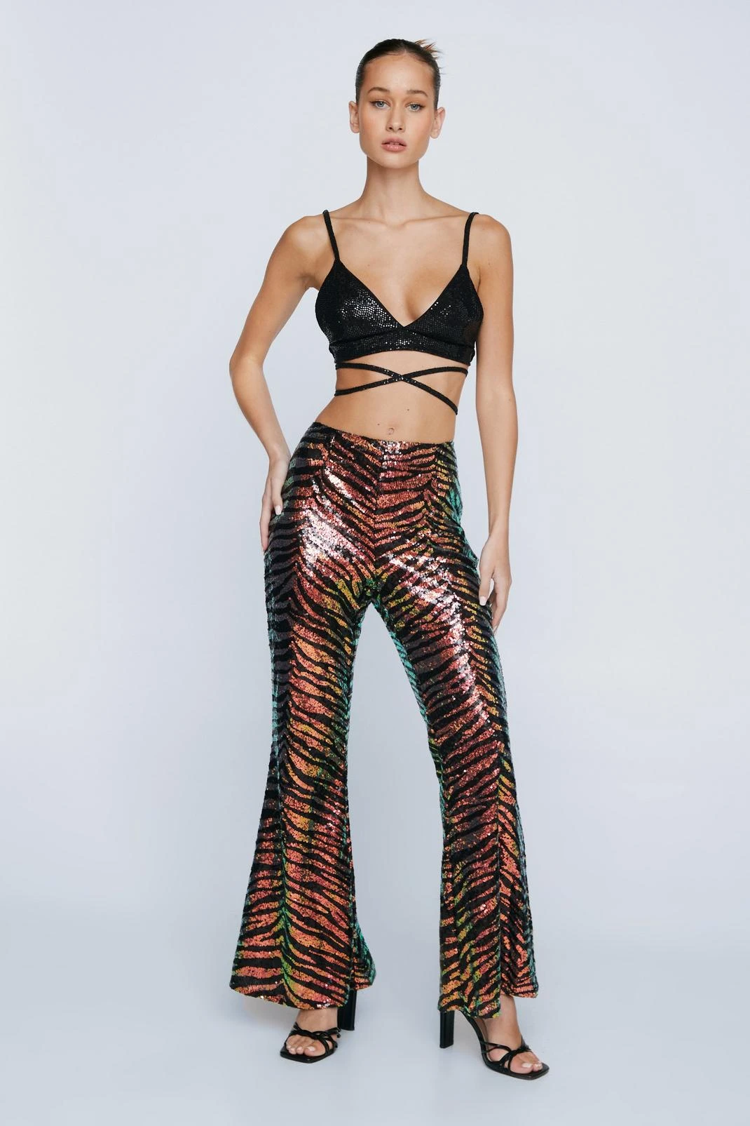 Petite Sequin Animal Print Kick Flared Pants - Image 4