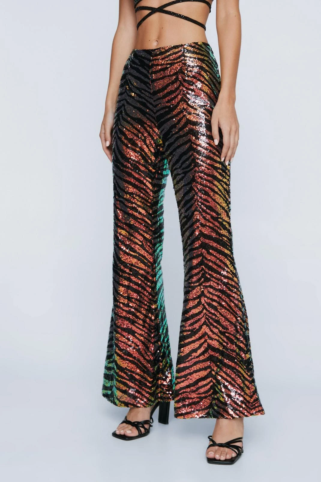Petite Sequin Animal Print Kick Flared Pants