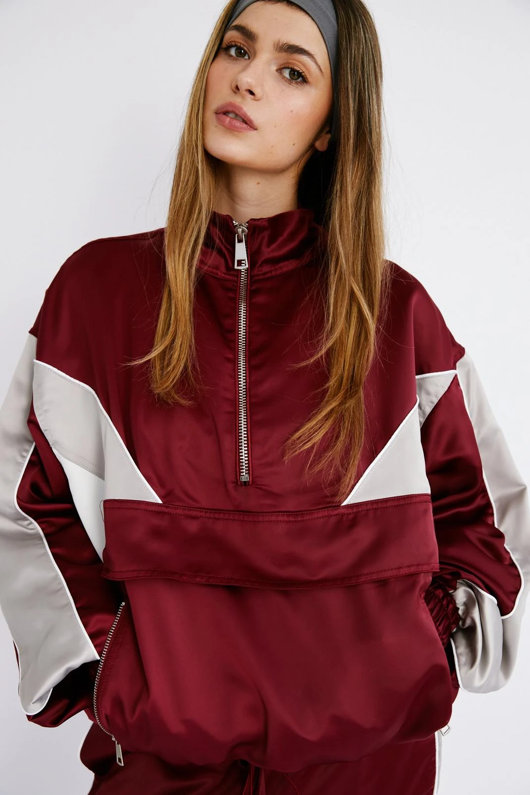 Satin Half Zip Colorblock Sporty Jacket - Image 4