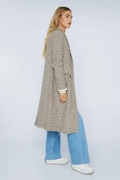 Check Print Wool Look Double Breasted Longline Coat