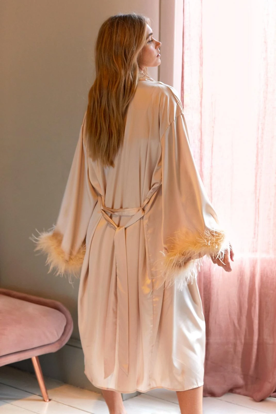 Feather Trim Satin Longline Robe - Image 6