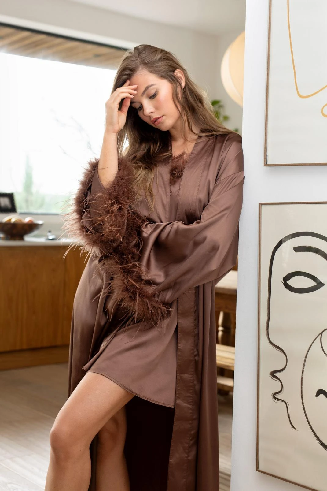 Feather Trim Satin Longline Robe - Image 9