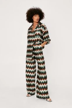Zig Zag Print Satin Wide Leg Pants