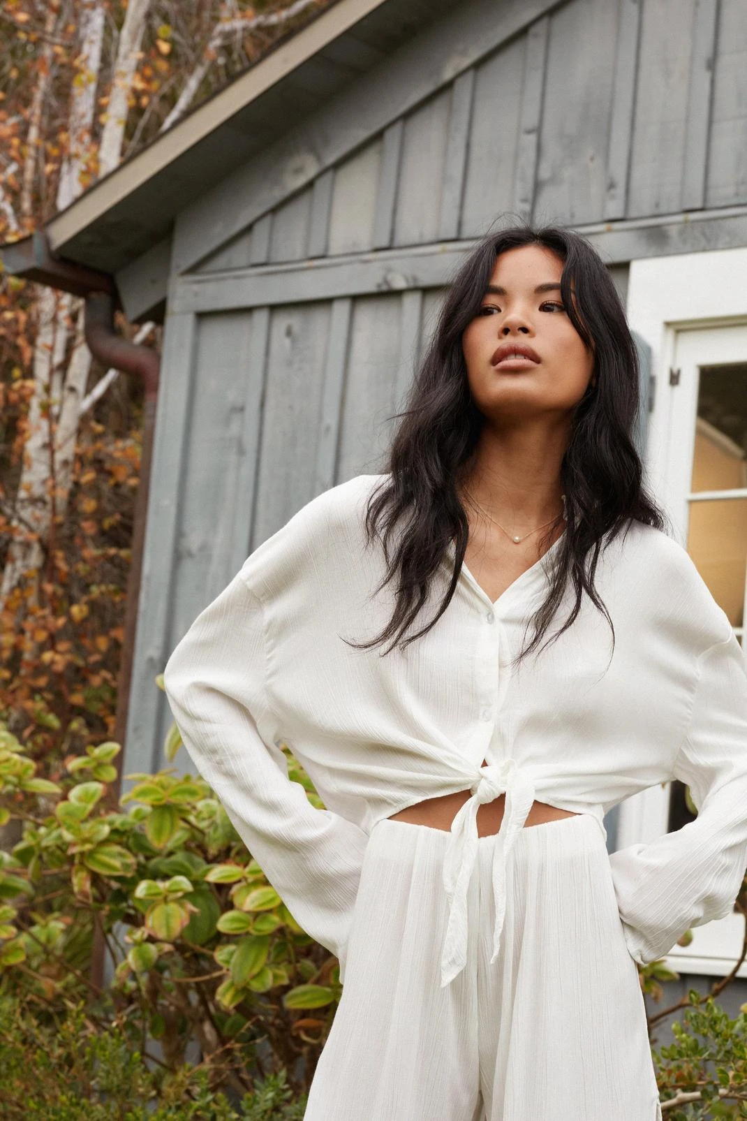 Crinkle Button Down Tie Front Cover Up Shirt