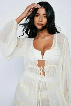 Viscose Georgette Glitter Stripe Tassel Maxi Cover Up Kimono