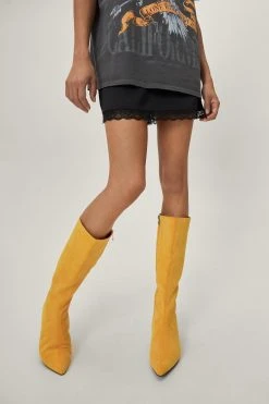 Bright Faux Suede Pointed Knee High Boots