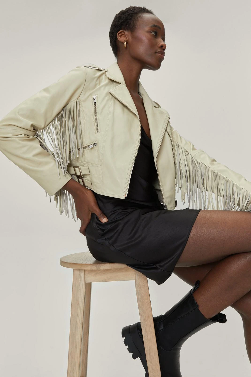 Real Leather Crop Fringe Detail Biker Jacket - Image 2
