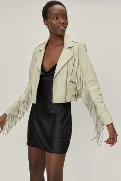 Real Leather Crop Fringe Detail Biker Jacket