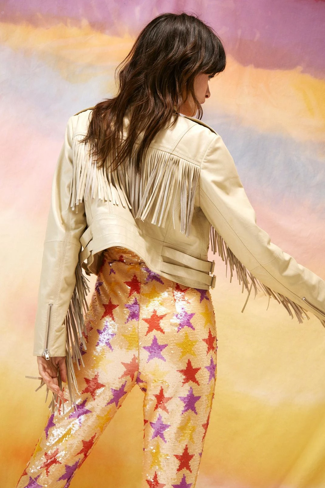 Real Leather Crop Fringe Detail Biker Jacket - Image 7