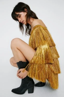 Bardot Long Sleeve Tinsel Fringe Mini Dress