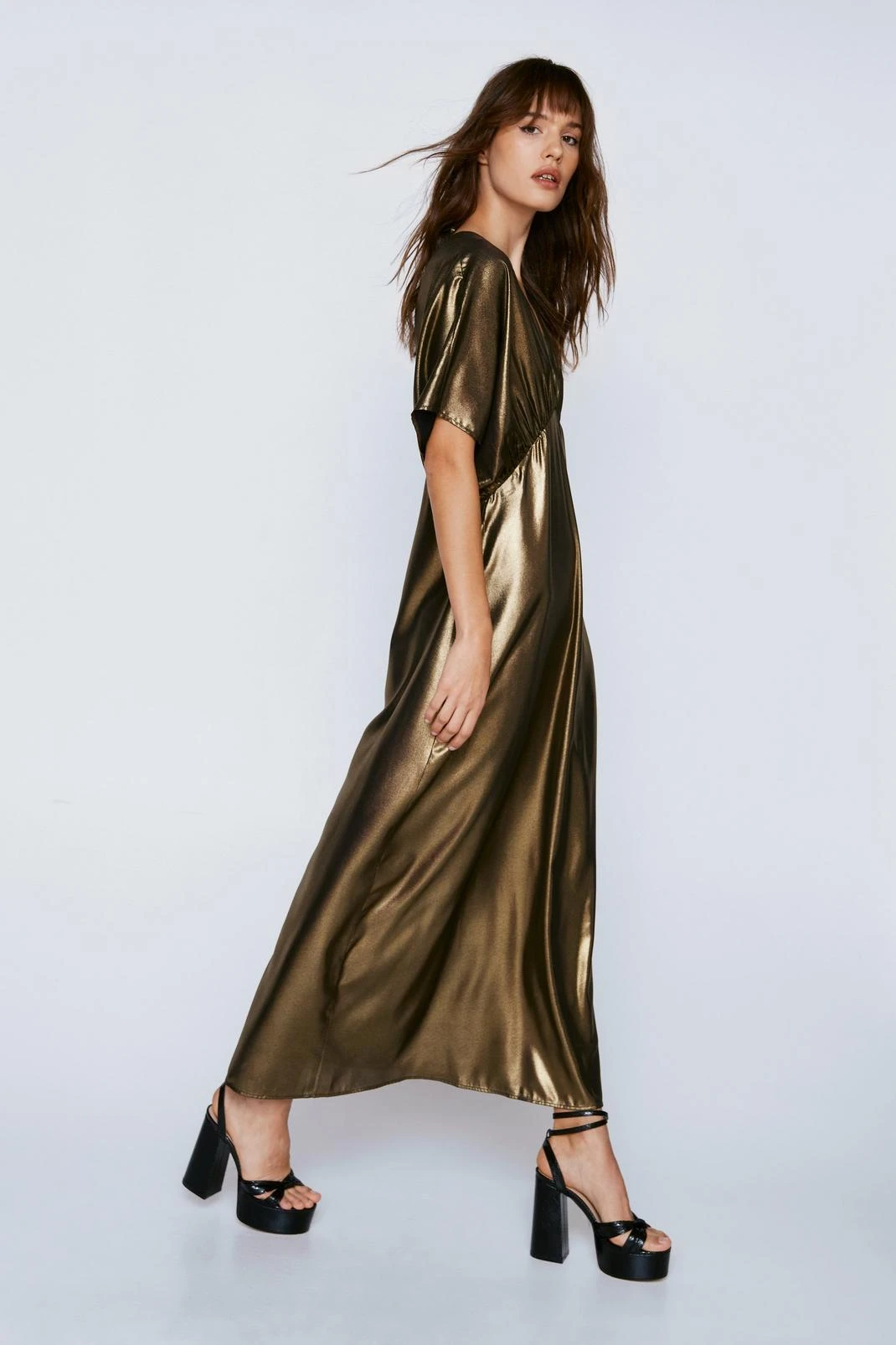 Metallic Angel Sleeve V Neck Maxi Dress - Image 2