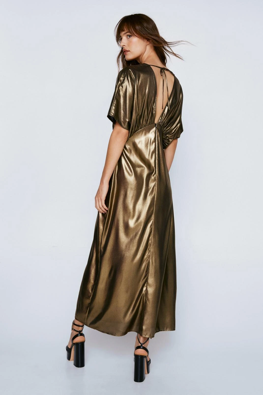 Metallic Angel Sleeve V Neck Maxi Dress - Image 3