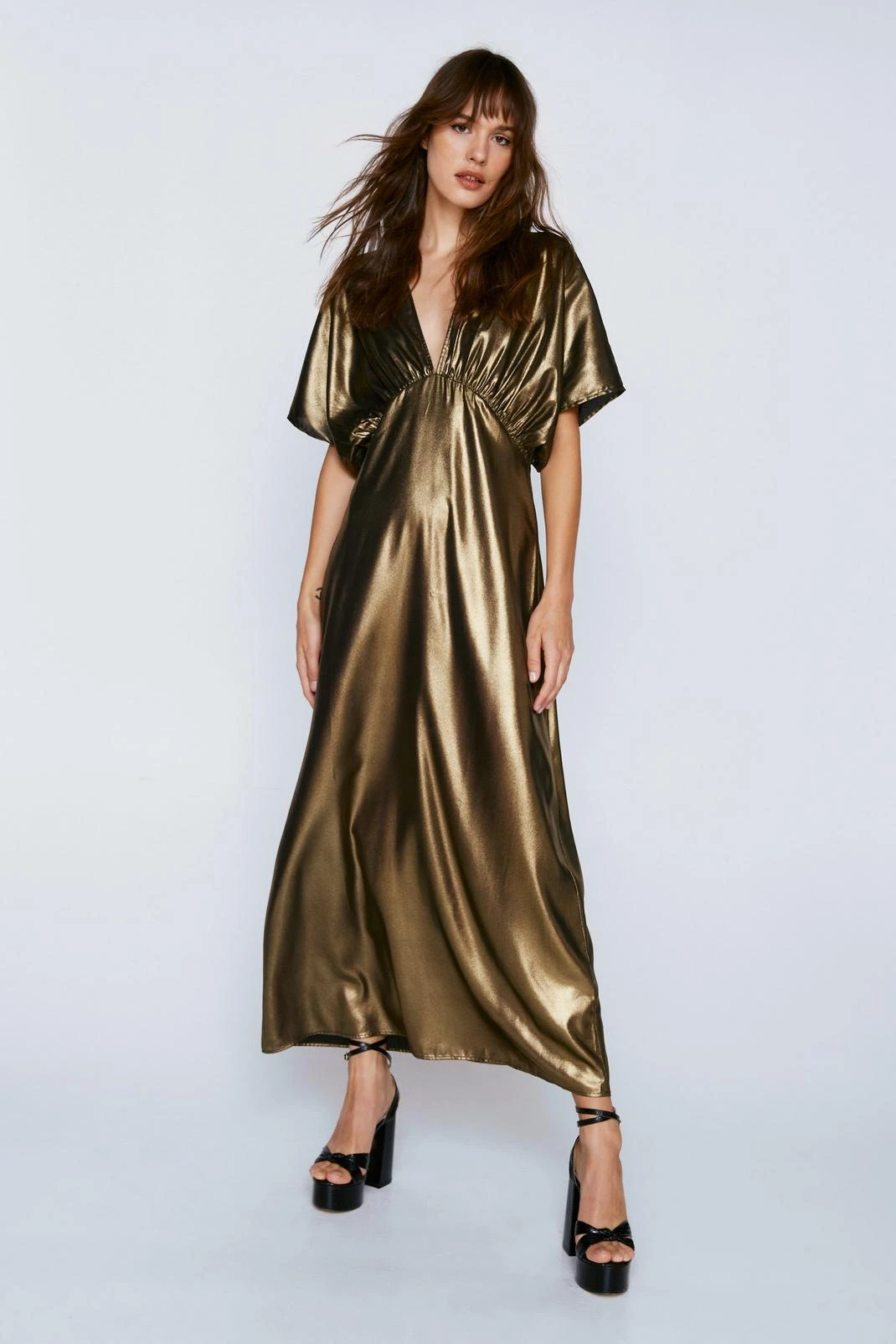 Metallic Angel Sleeve V Neck Maxi Dress - Image 4