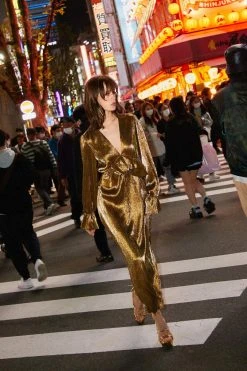 Metallic Pleated Ruffle Midi Dress