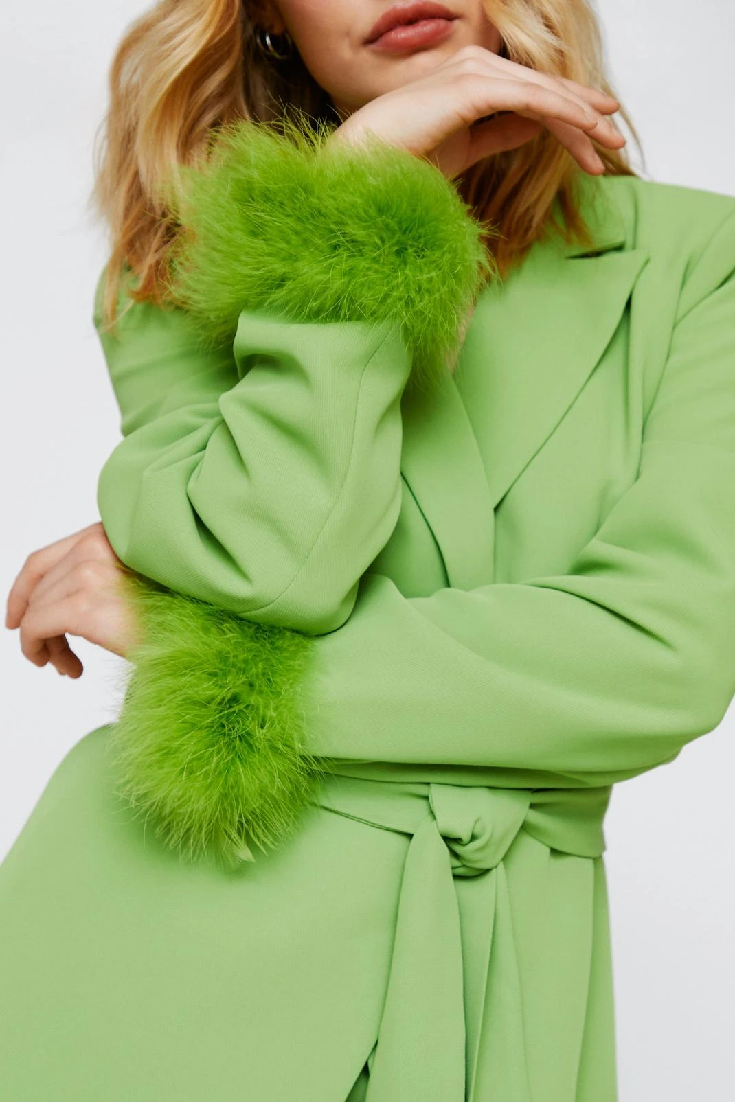 Belted Blazer With Feather Cuffs - Image 11