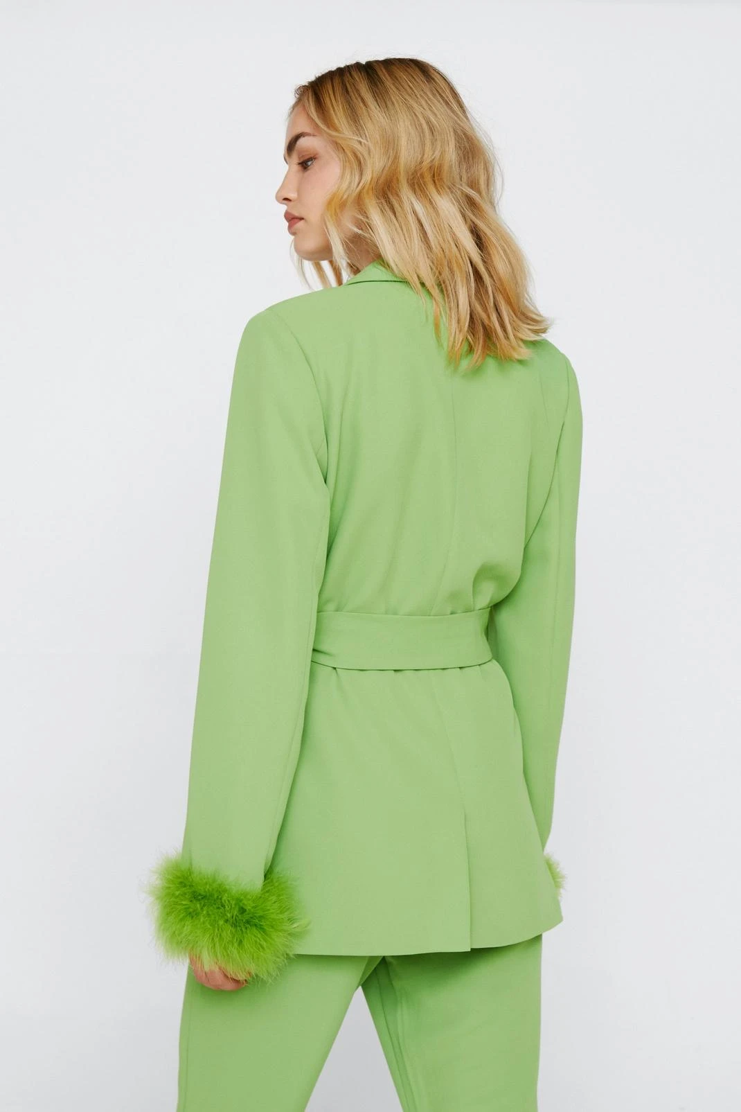 Belted Blazer With Feather Cuffs - Image 12