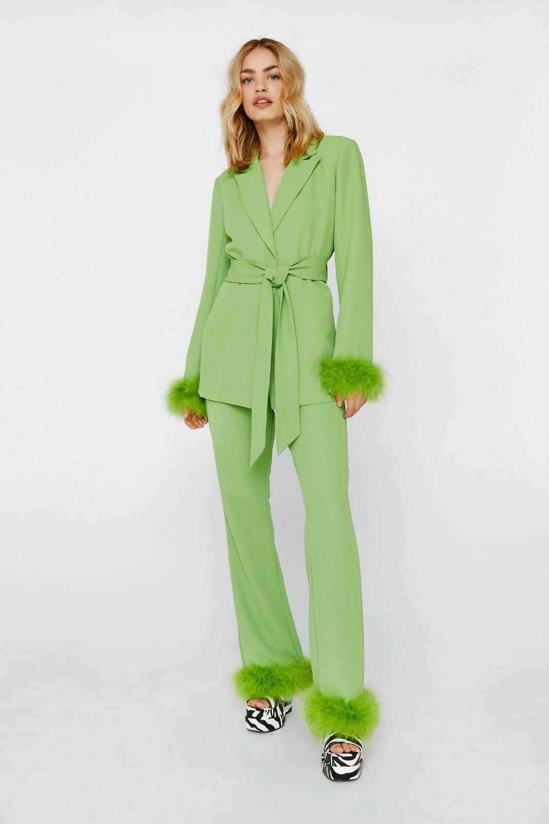 Belted Blazer With Feather Cuffs - Image 10