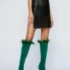 Faux Leather Feather Trim Knee High Boots