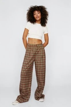 Pleat Front Check Wide Leg Pants