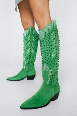 Studded Rhinestone Faux Suede Cowboy Boots