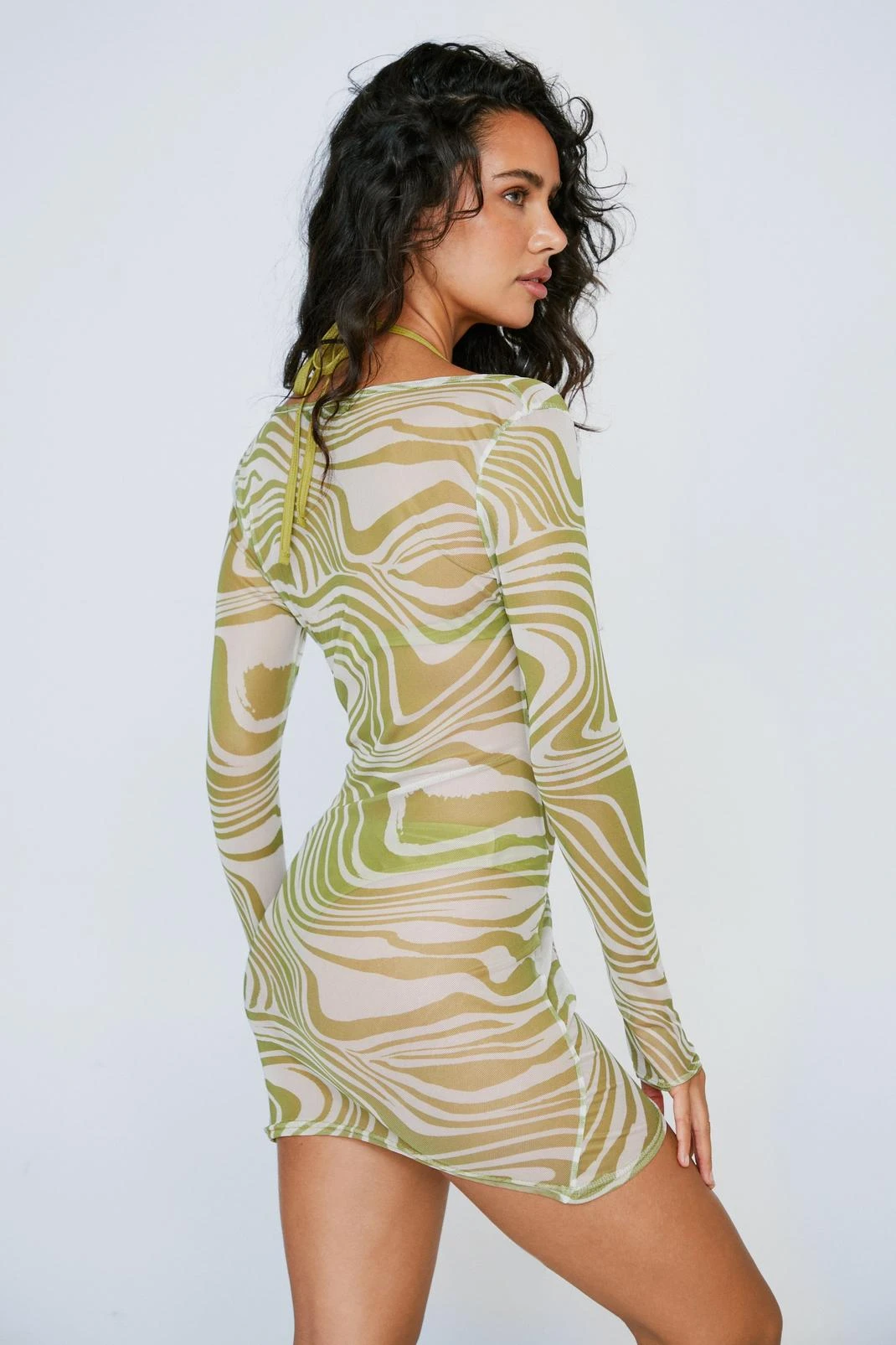 Swirl Print Ruched Mesh Mini Beach Dress - Image 2
