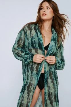 Tie Dye Plisse Long Sleeve Maxi Beach Kimono