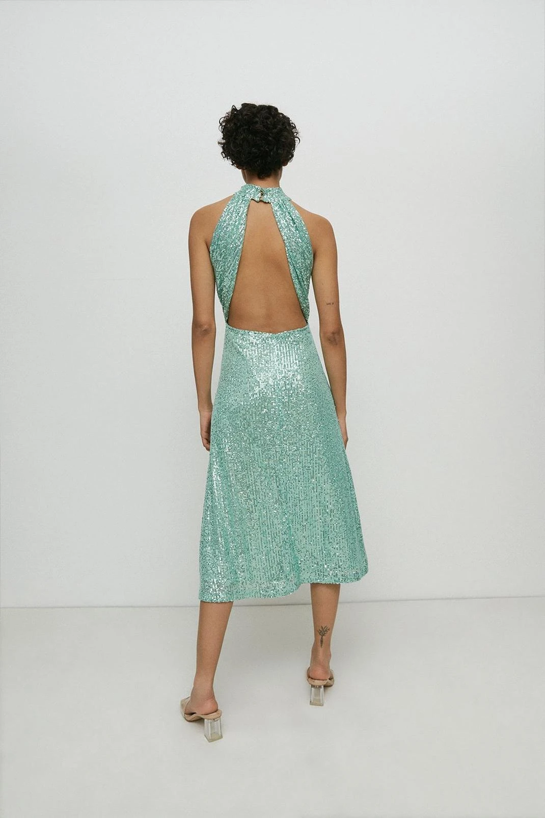 Warehouse Sequin Halter Drape Back Midi Dress - Image 2