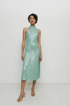 Warehouse Sequin Halter Drape Back Midi Dress