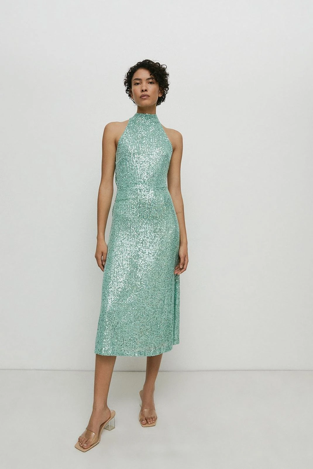 Warehouse Sequin Halter Drape Back Midi Dress