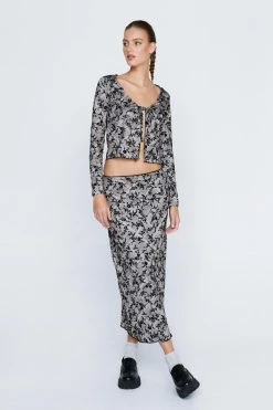 Floral Flocked Tie Front Detail Long Sleeved Top