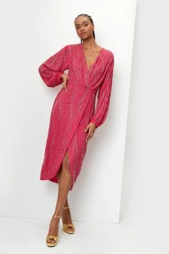 Beaded Wrap Front Plunging Midi Dress