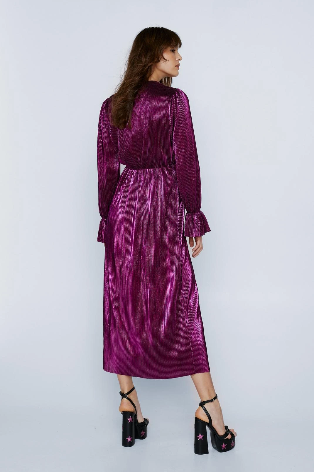 Metallic Pleated Ruffle Midi Dress - Image 6