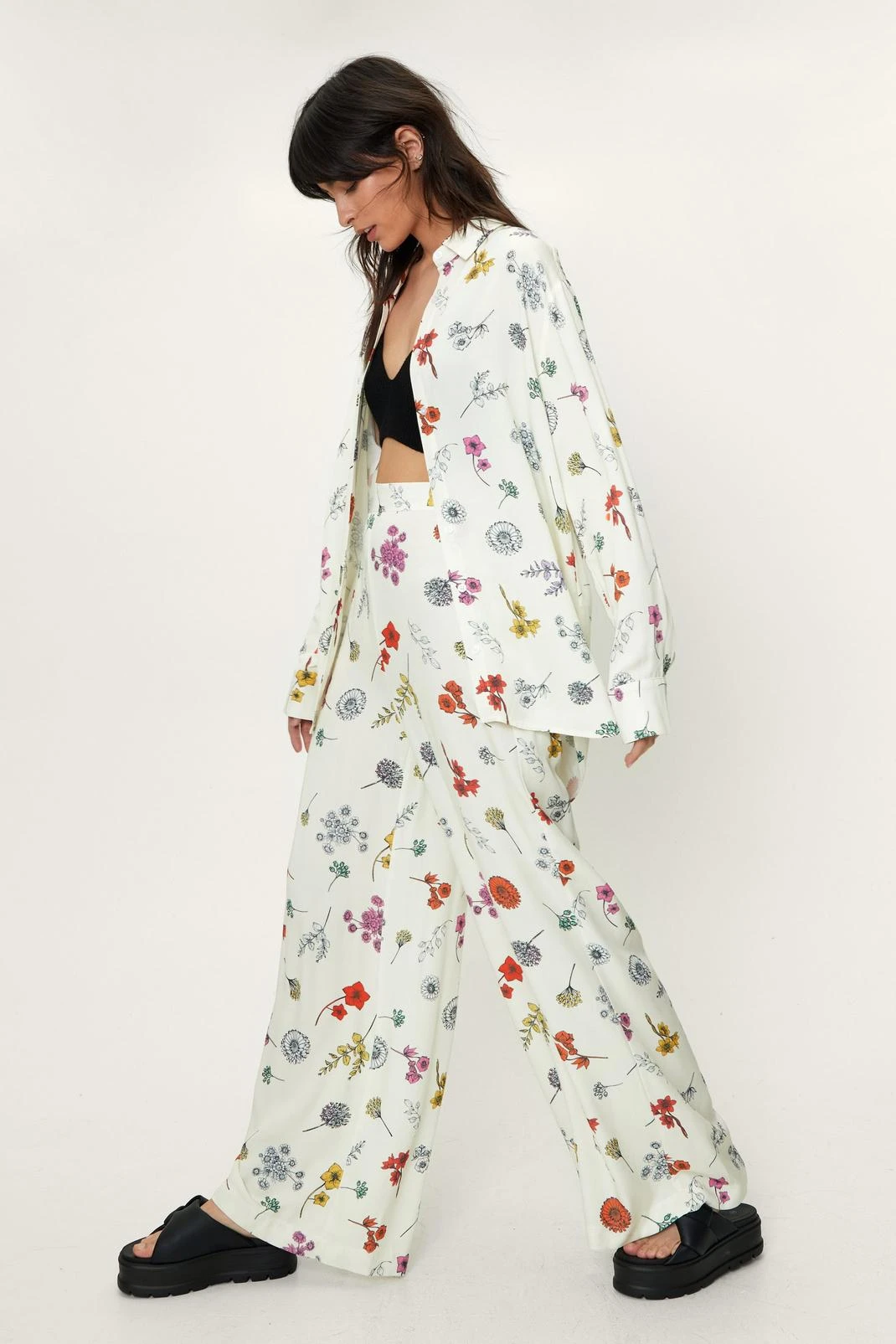 Floral Print High Waisted Wide Leg Pants